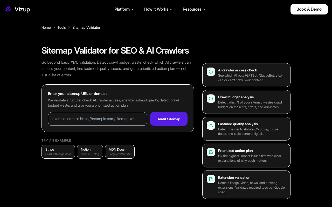 Vizup sitemap checker audit showing redirects in sitemap URLs