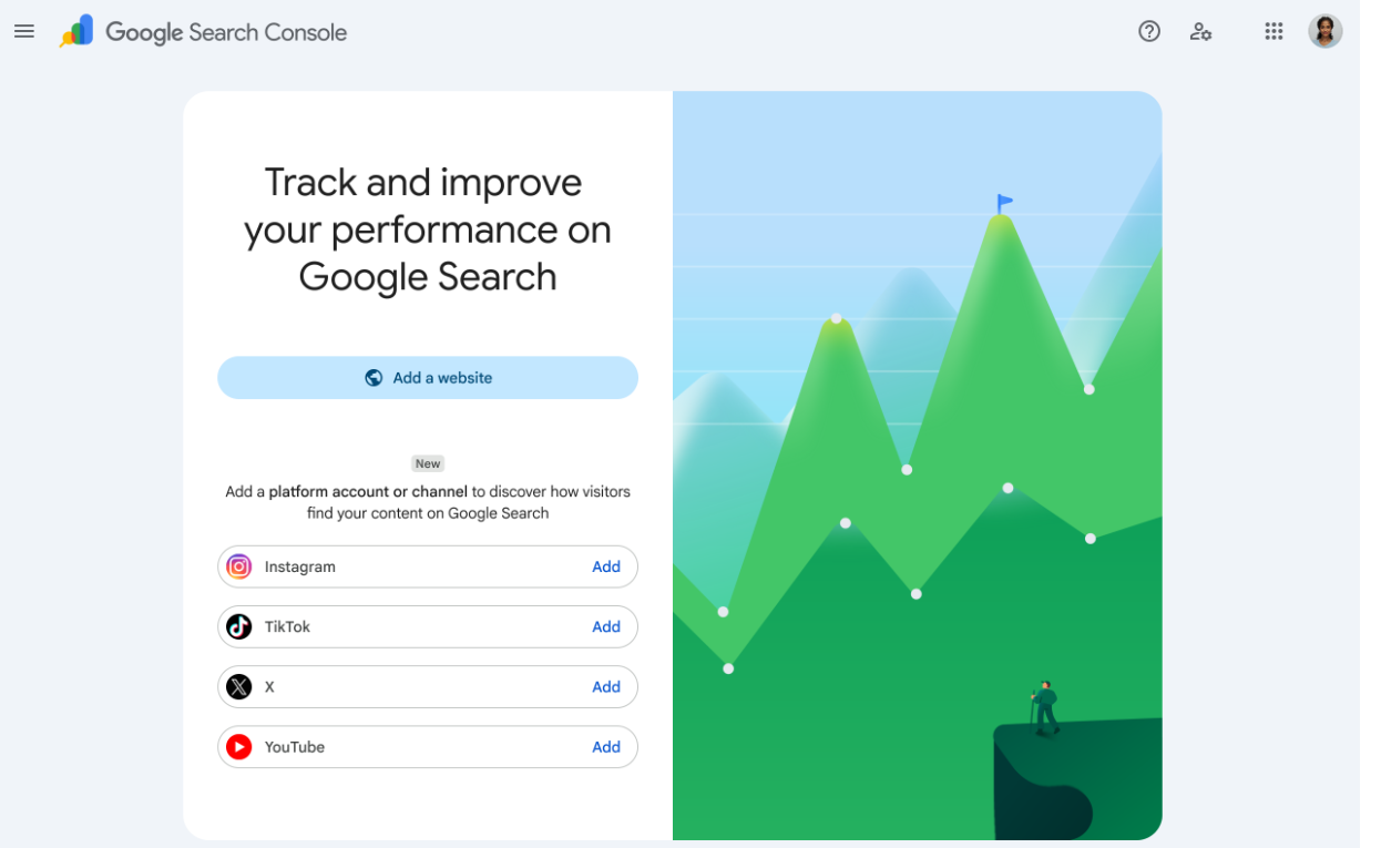 Google Search Console screenshot showing the new platform property options for social media tracking.