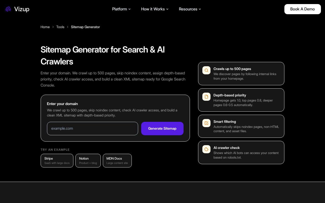Vizup free sitemap generator tool page