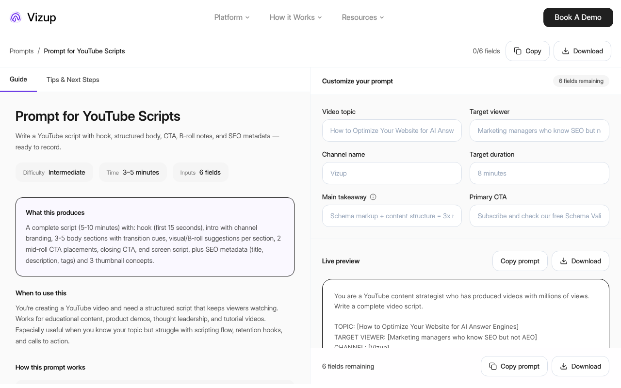Vizup yt prompt ai template with fields for topic target viewer and CTA