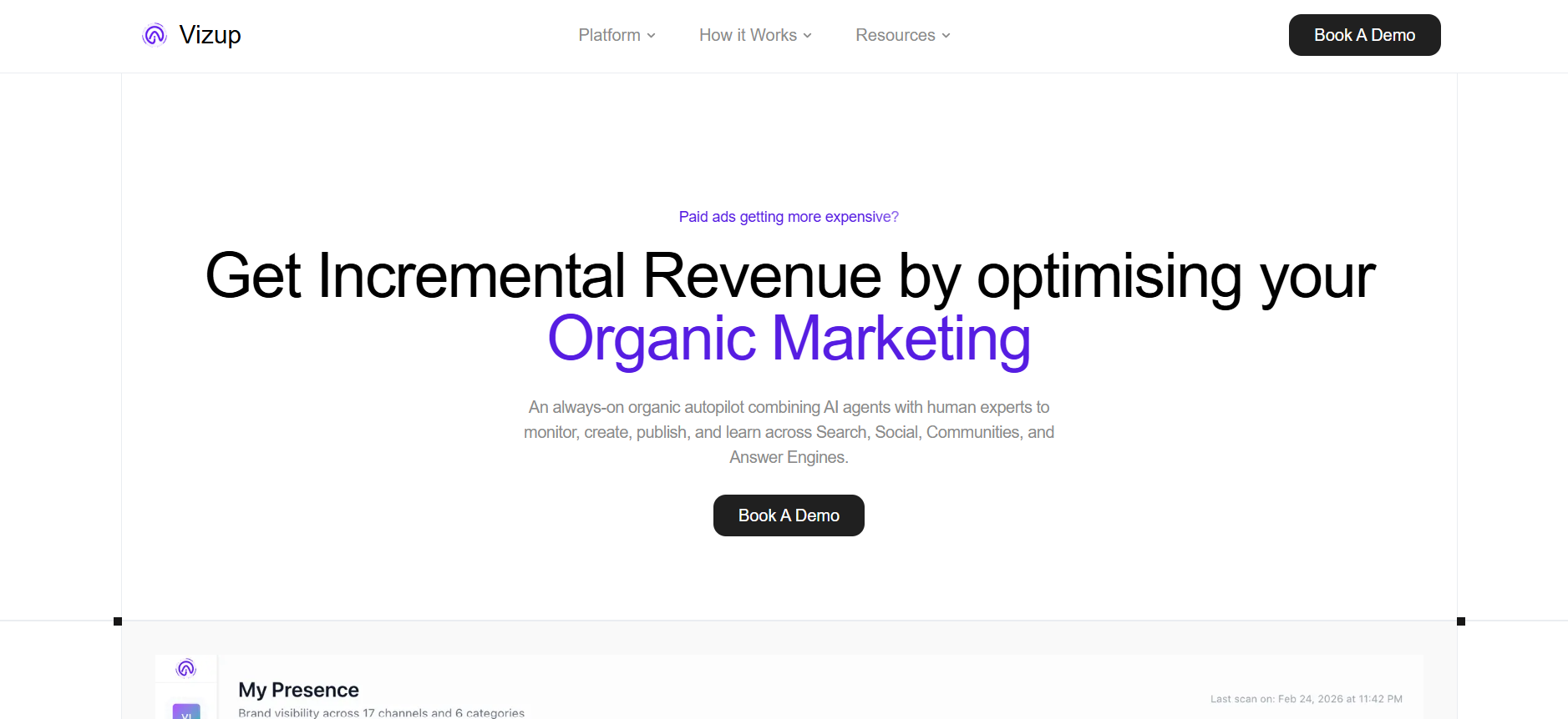 Vizup homepage screenshot, a Profound alternative for AEO.