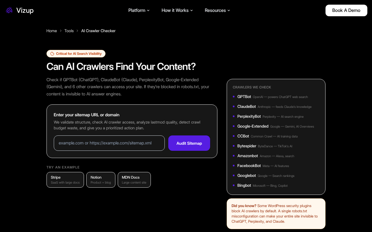 Vizup AI Crawler Checker screenshot to check if ai can crawl site