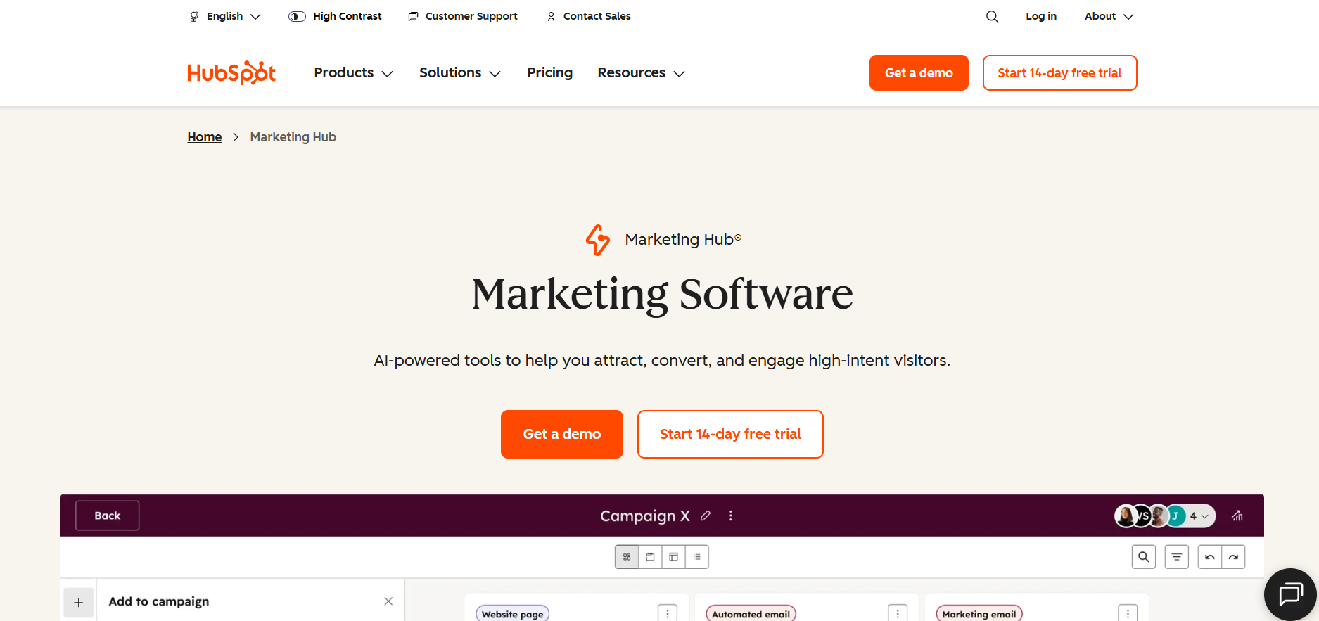 HubSpot homepage with marketing platform overview