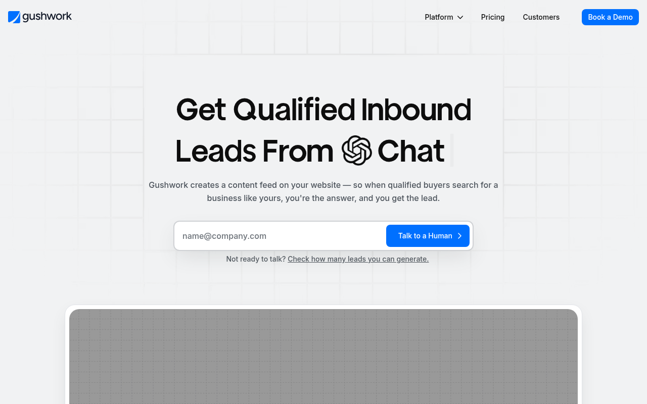 Gushwork managed AI content service homepage