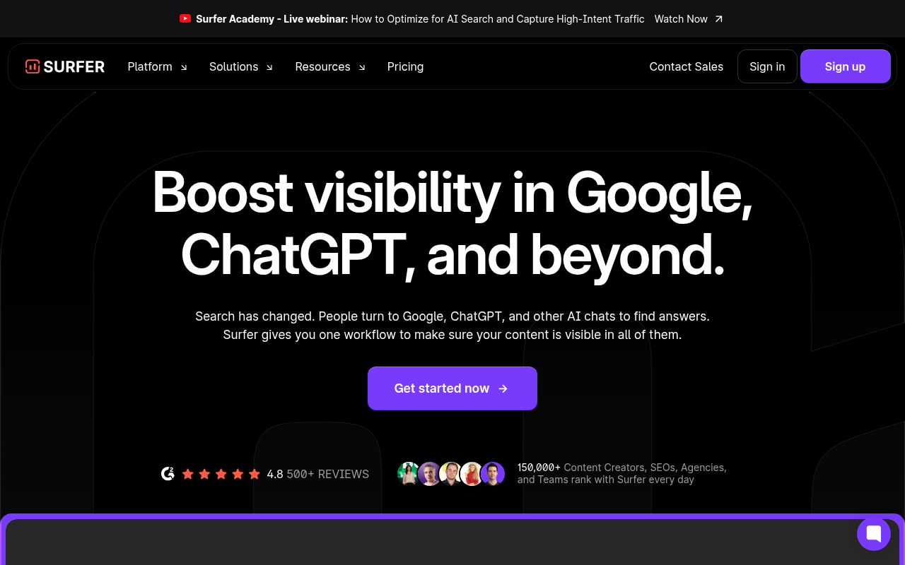 Surfer SEO content optimization platform homepage