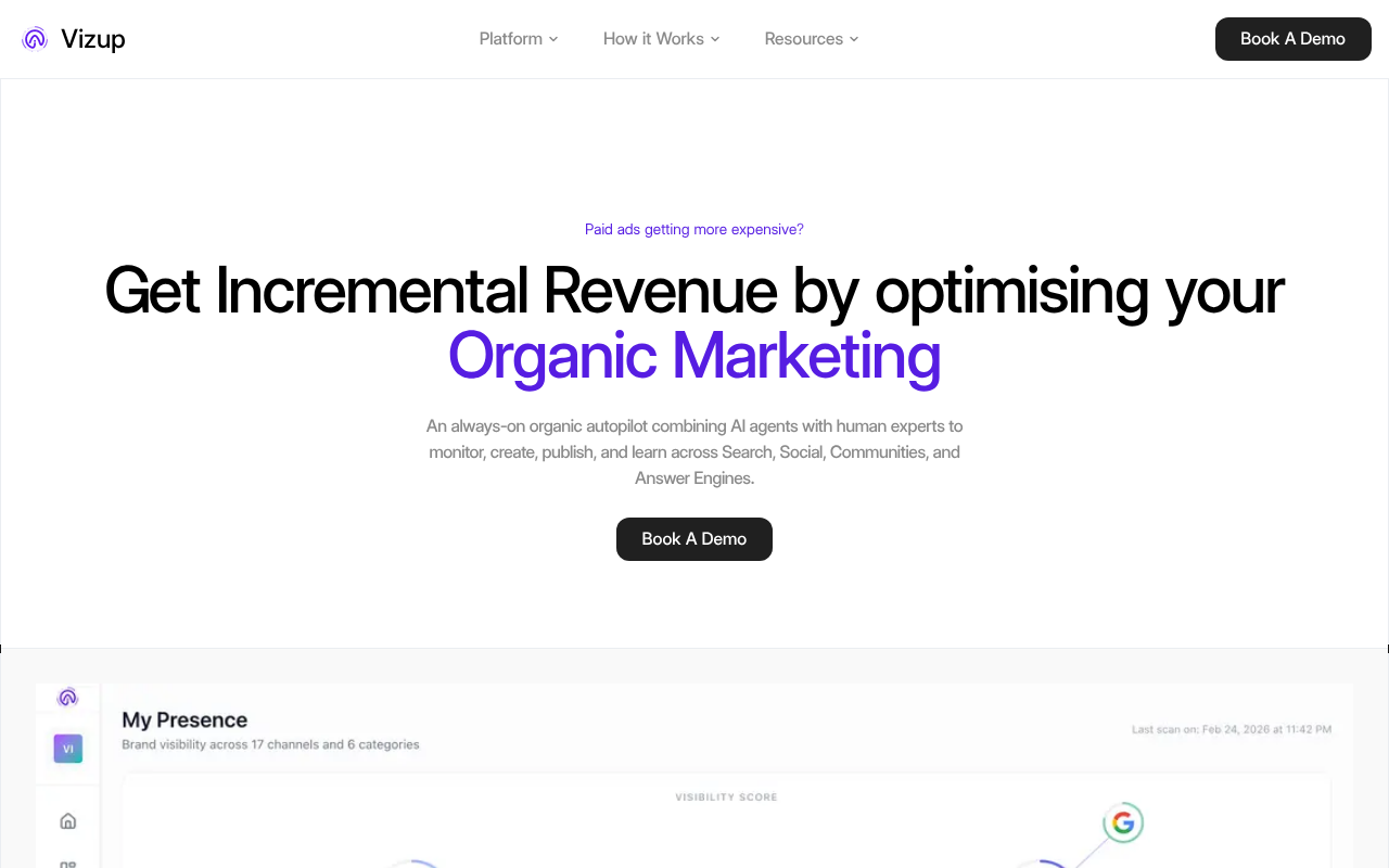 Vizup AI SEO and AEO platform homepage