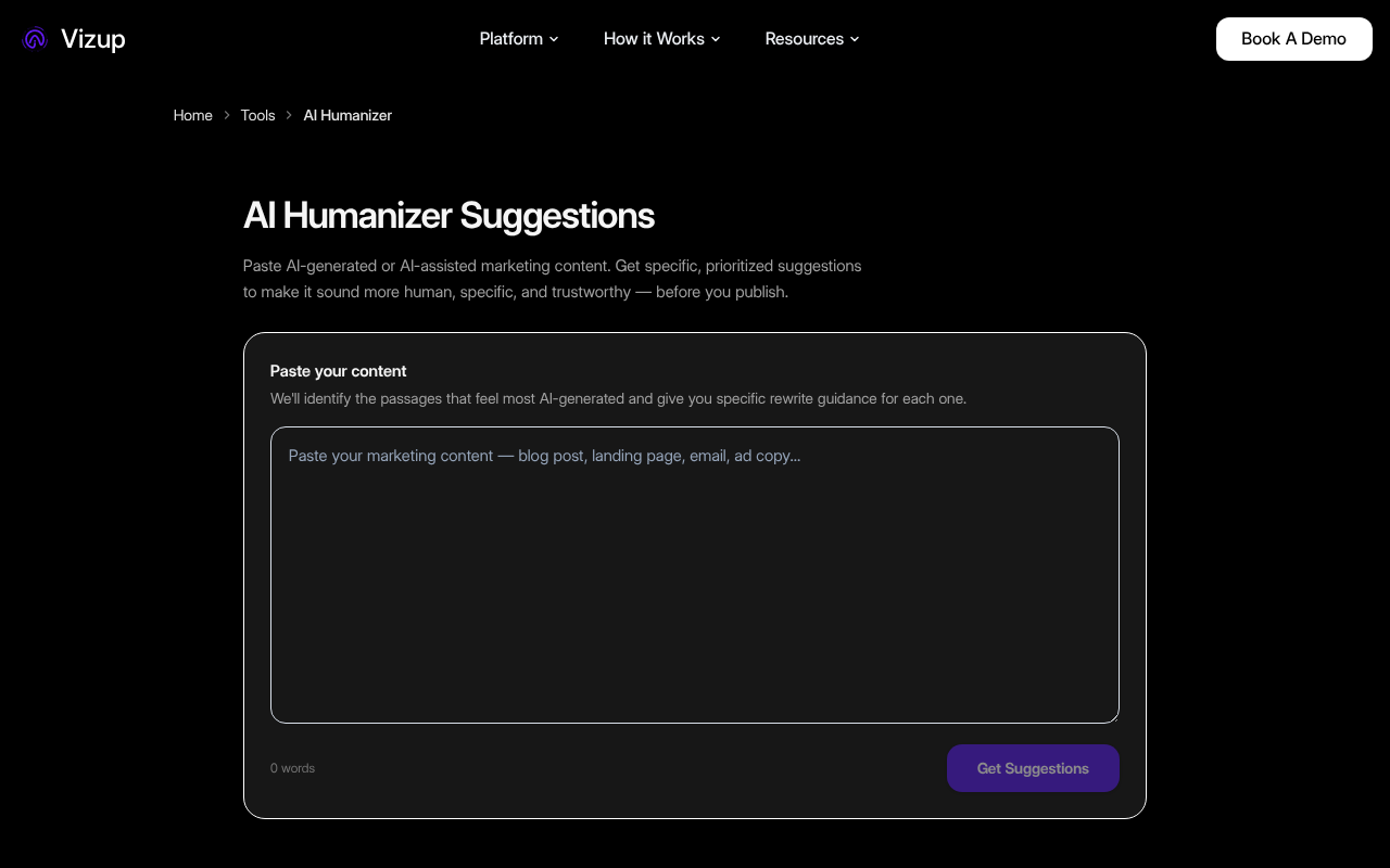 Vizup AI Humanizer Suggestions screenshot showing actionable editing recommendations for AI-generated content