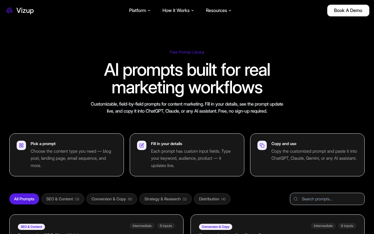 Vizup prompts library with YouTube prompts and marketing templates