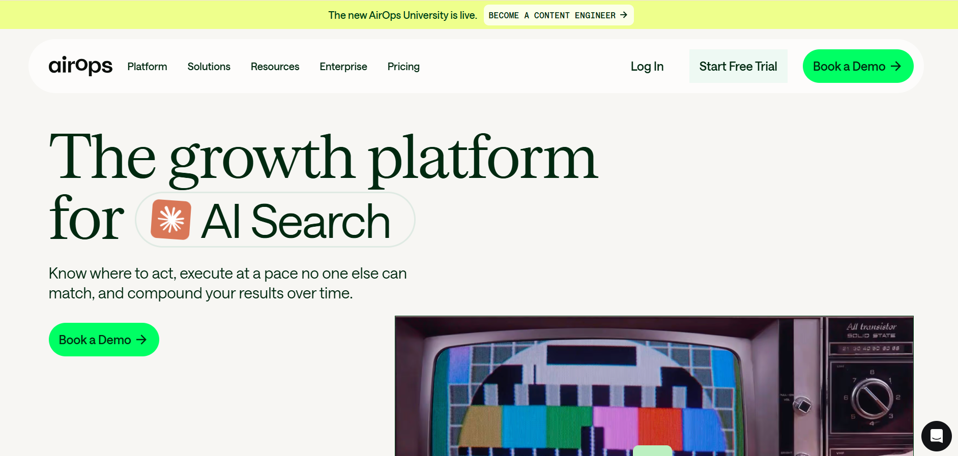 Screenshot of the AirOps website homepage, an AI SEO platform.