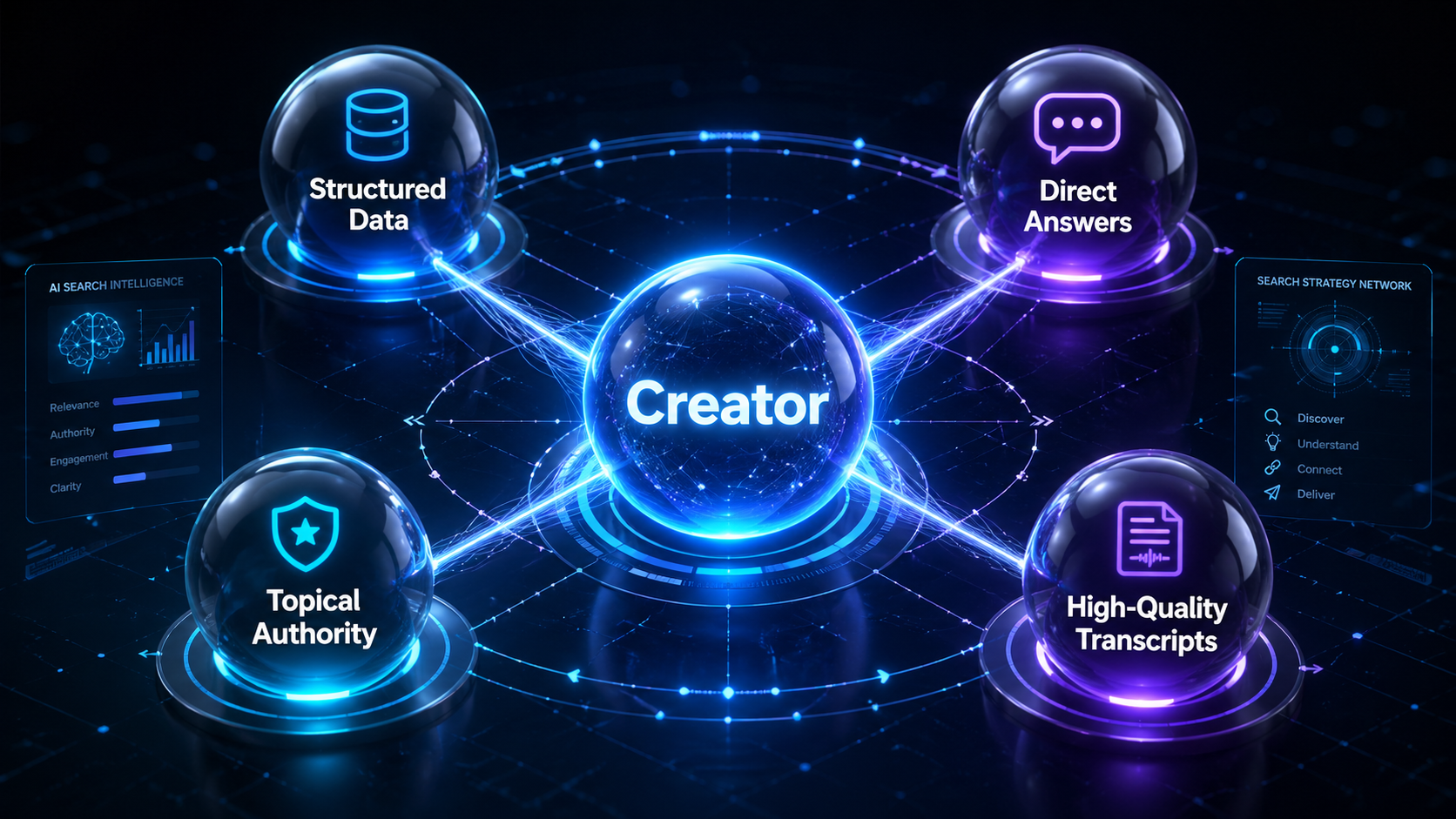 A 3D render showing the strategic pillars for creators to adapt to YouTube's AI search.