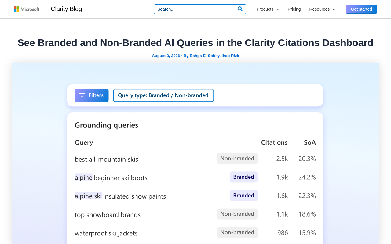 Microsoft Clarity AI Citations dashboard Queries card showing branded vs non-branded labels