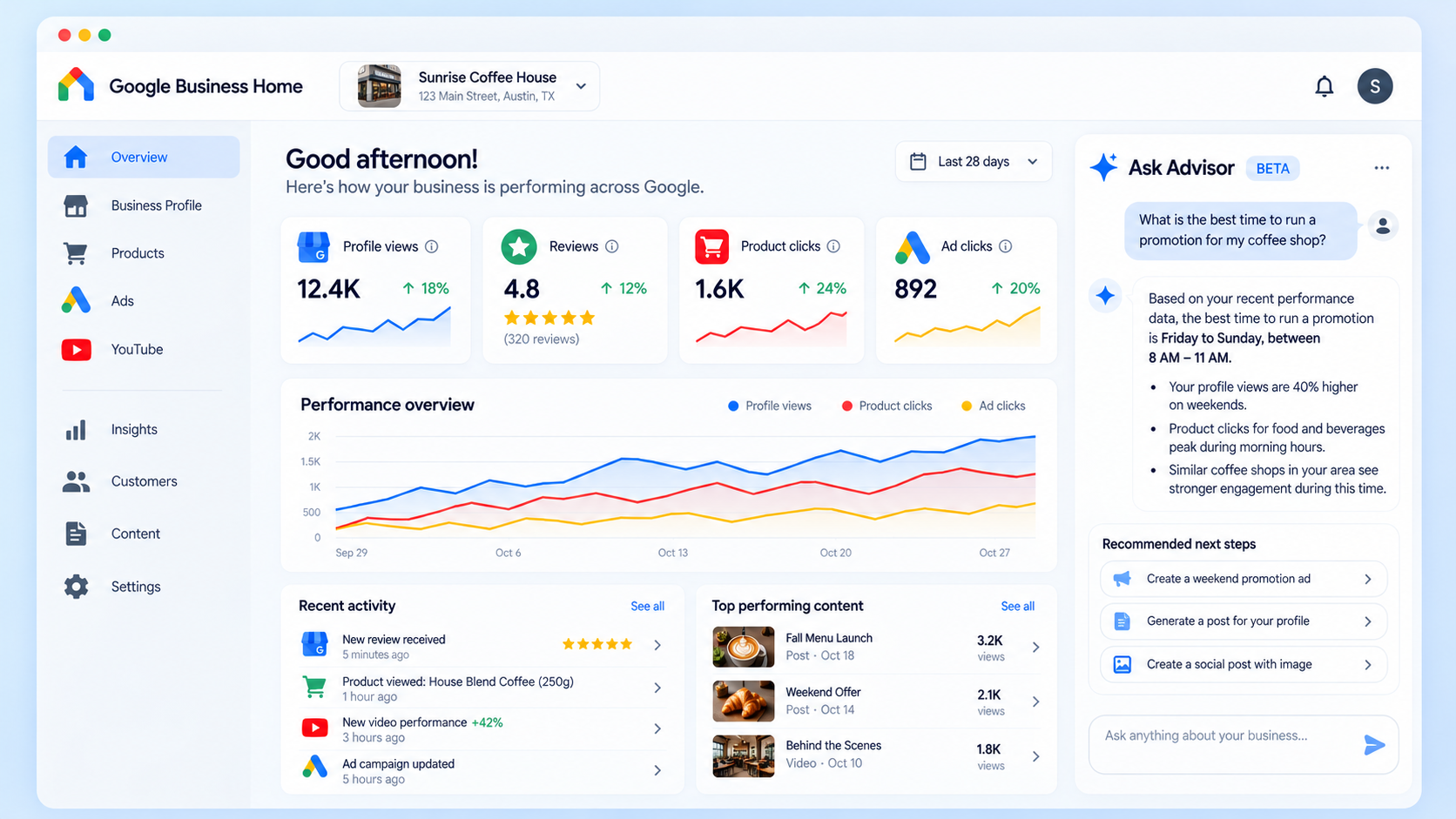 Google Business Home features dashboard with Gemini AI advisor for small business
