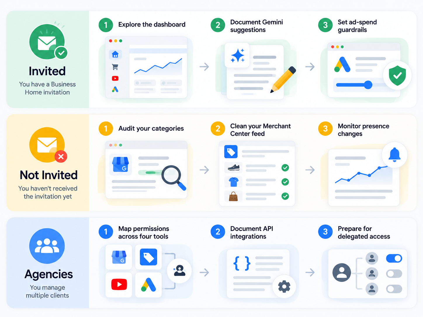 Google Business Home action checklist for invited businesses, non-invited businesses, and agencies