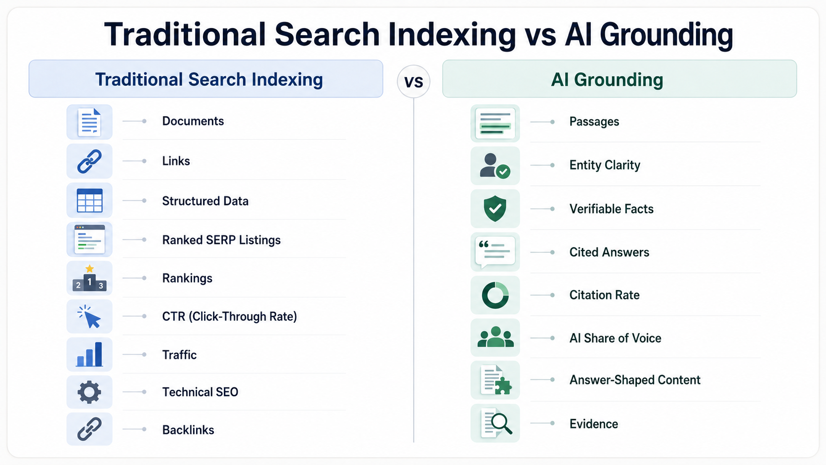 Comparison table infographic traditional search indexing vs AI grounding inputs outputs metrics