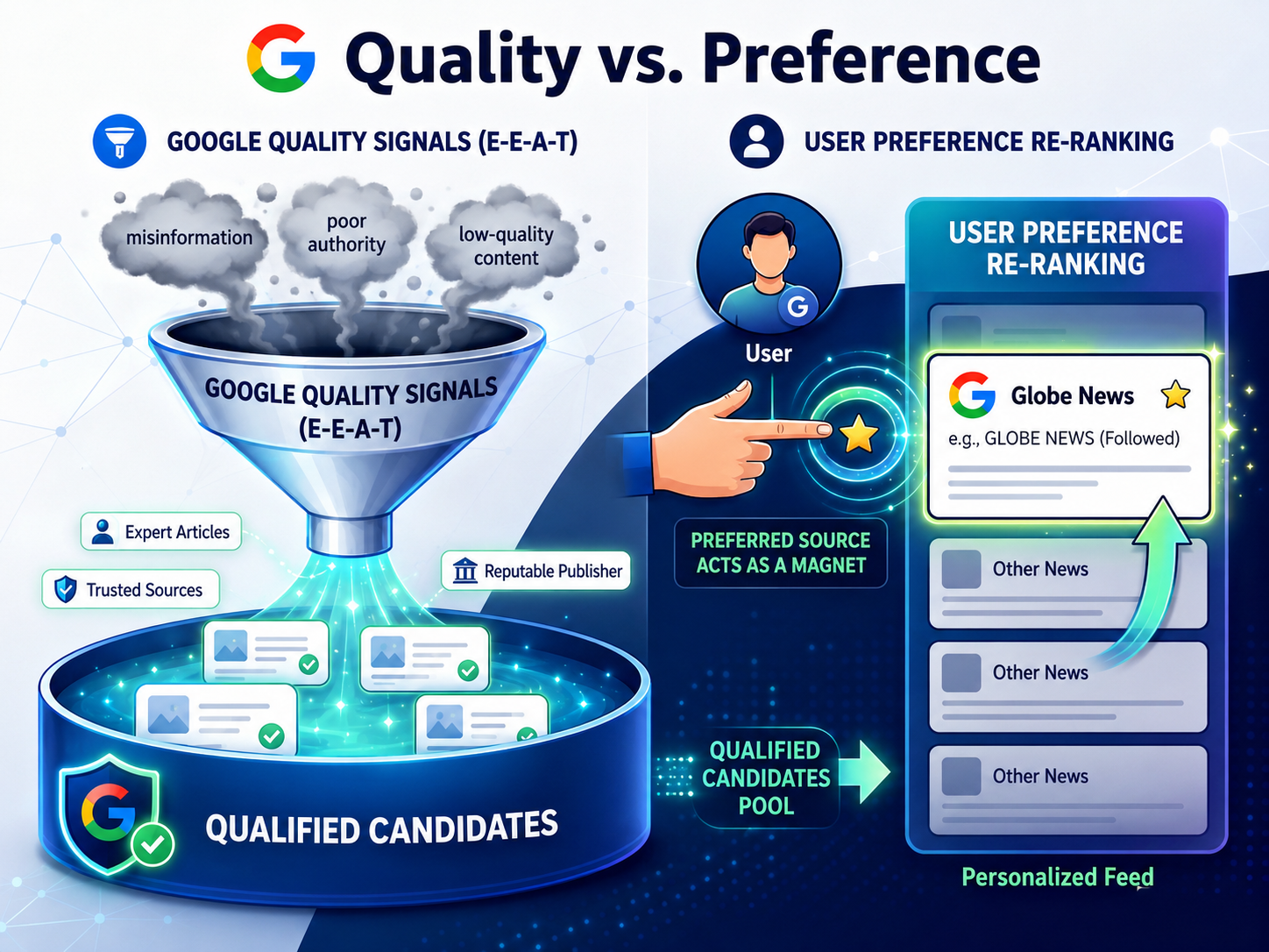 Infographic showing how Google's quality signals act as a filter before user preference re-ranks content.