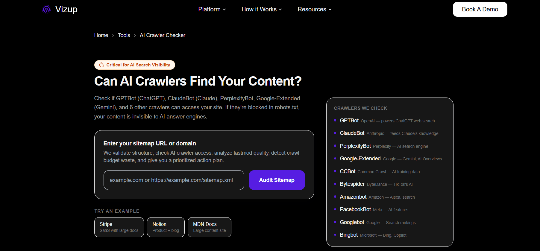 Vizup's Rapid Index Checker showing bulk index status for a list of URLs.