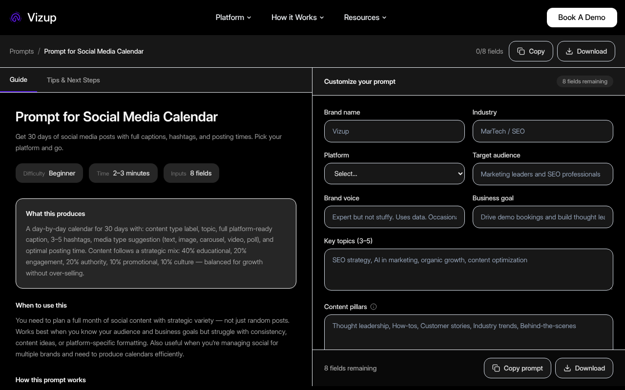 A ChatGPT prompt to create a social media calendar being entered into the interface.