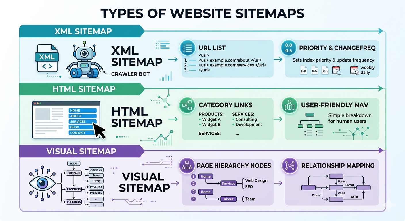 Sitemap types diagram: XML vs HTML vs visual sitemap