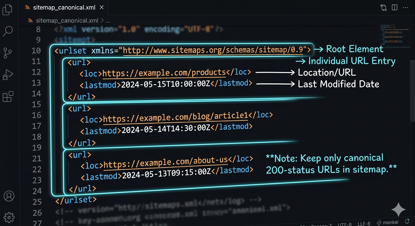 Sitemap XML example with urlset, url, loc, and lastmod