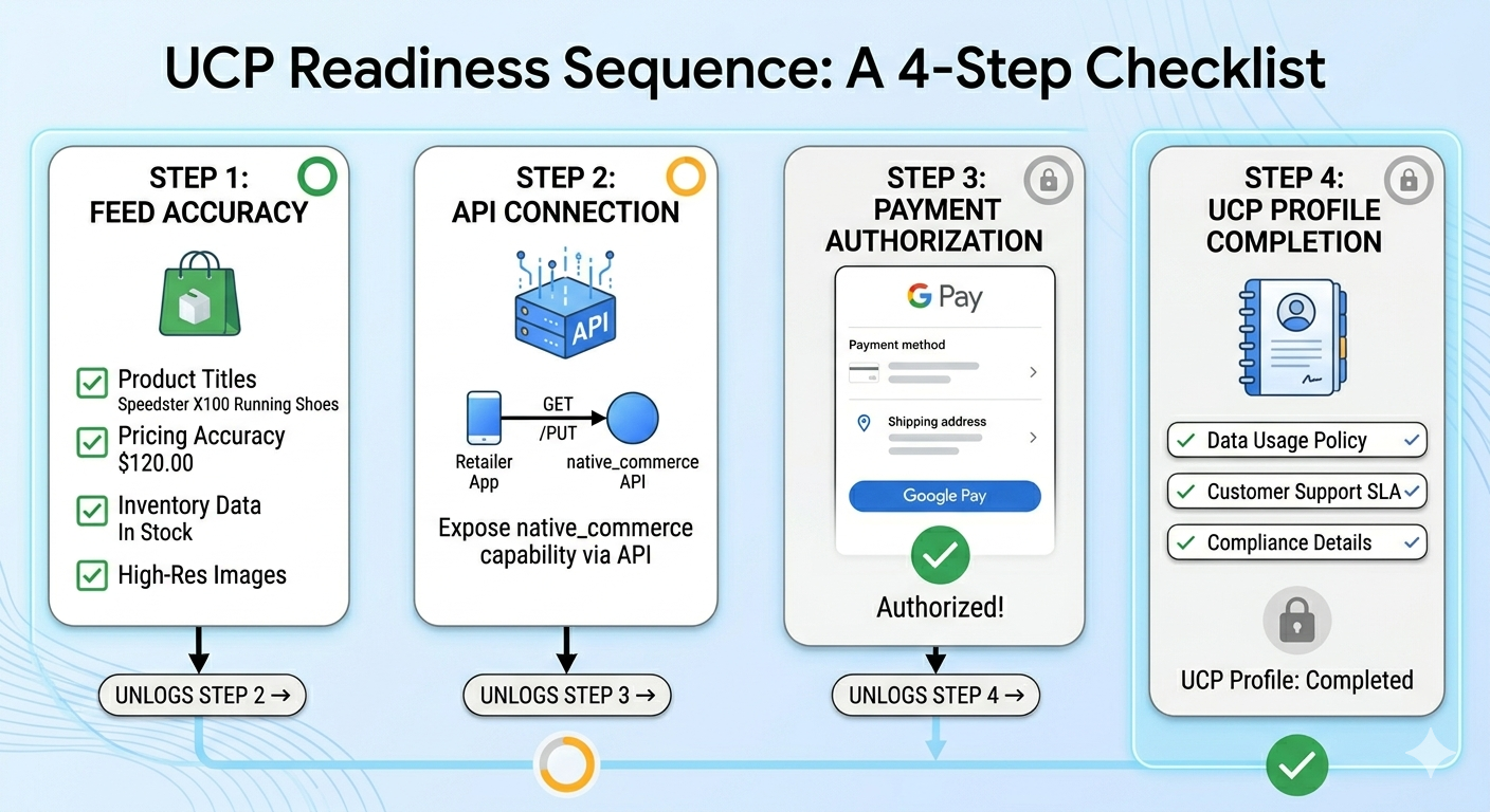 UCP readiness checklist showing Merchant Center, native_commerce, Google Pay, and UCP profile steps