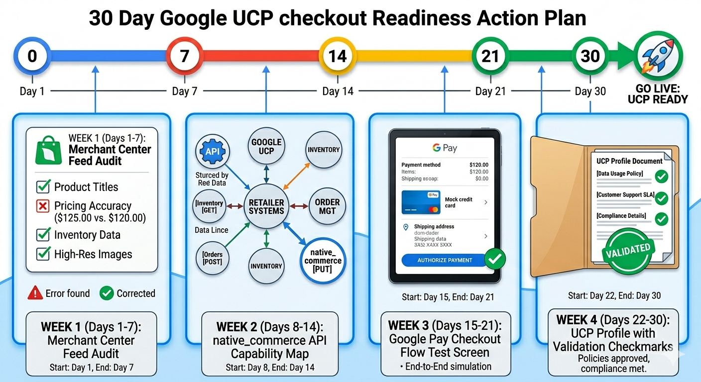 30-day Google UCP checkout readiness action plan timeline