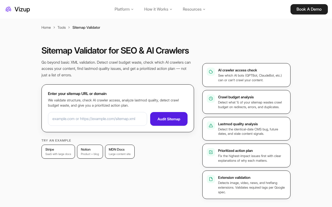 Vizup sitemap validator tool interface for checking XML sitemap URLs