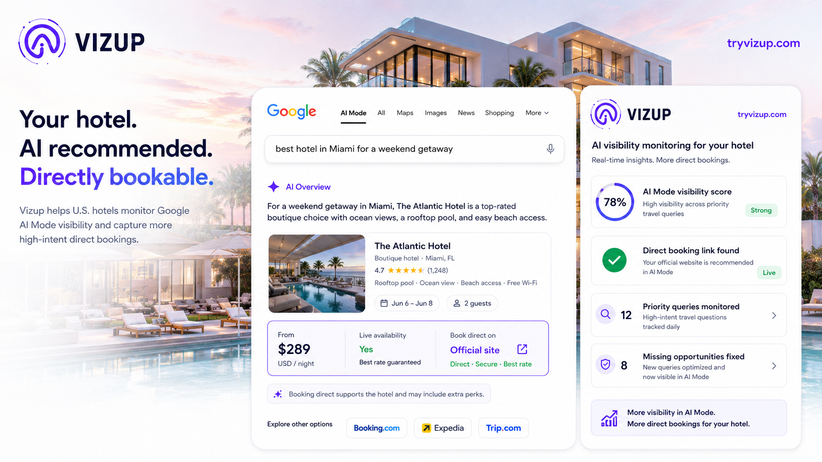Hotel appearing in Google AI Mode direct booking results with competitive advantage over OTAs