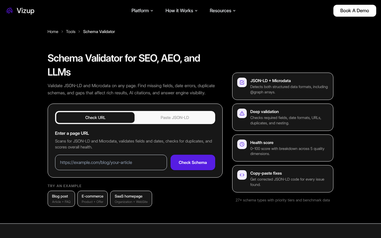 The Vizup Schema Checker tool showing validation results with errors and warnings.