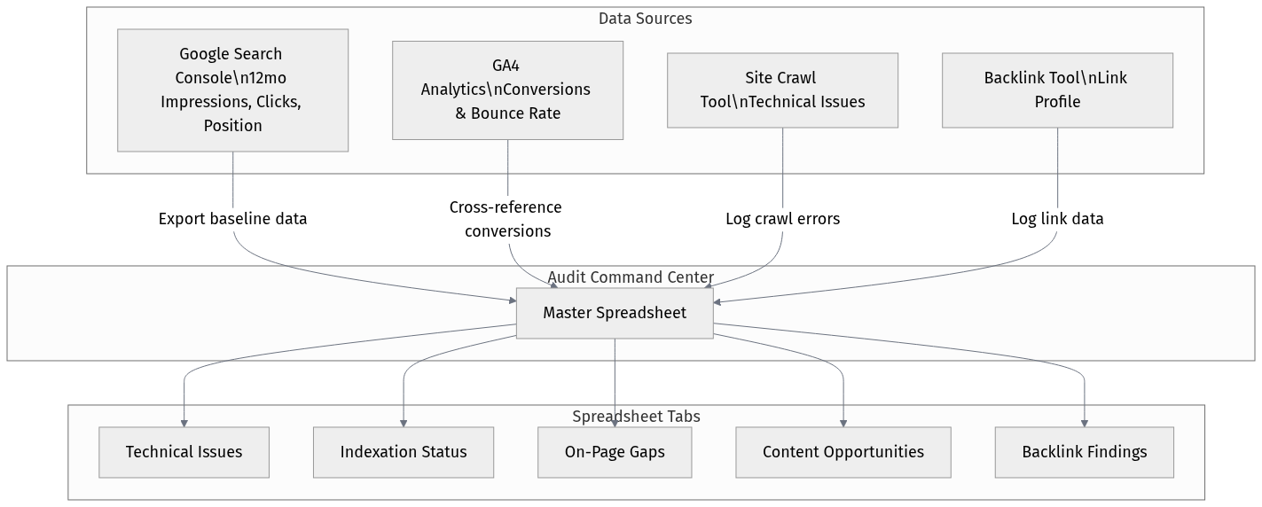 Ecommerce SEO audit toolkit dashboard with crawl, search console, and keyword data