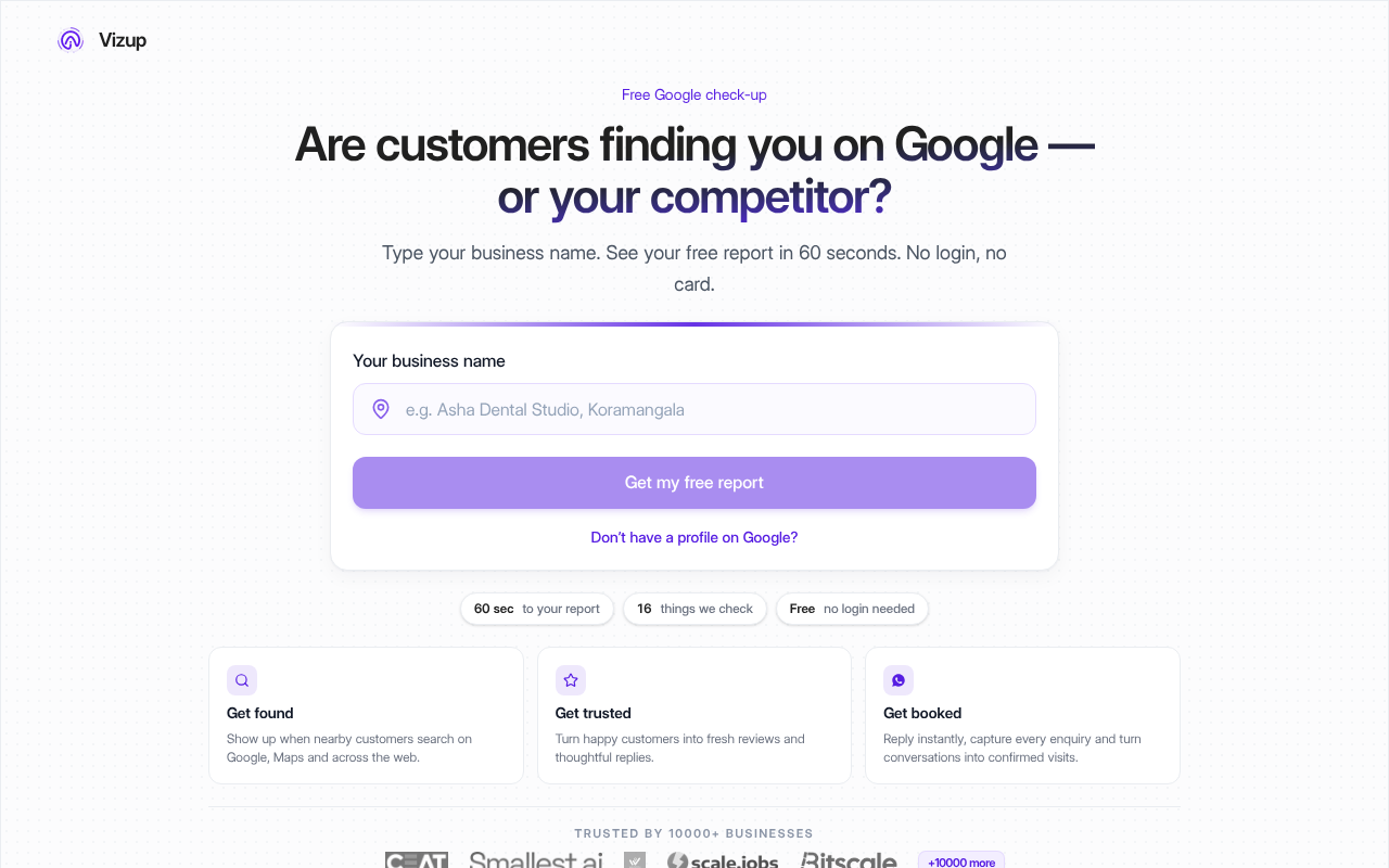 Vizup Local Google Business Profile audit dashboard showing visibility score and prioritised issues