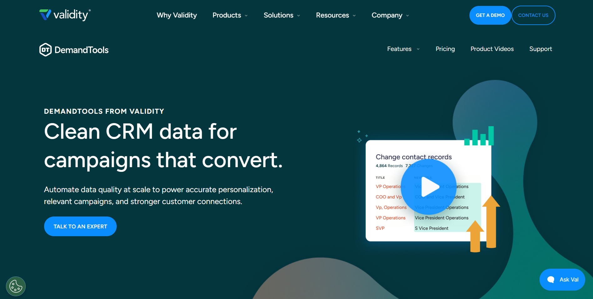 Screenshot of the DemandTools by Validity homepage.