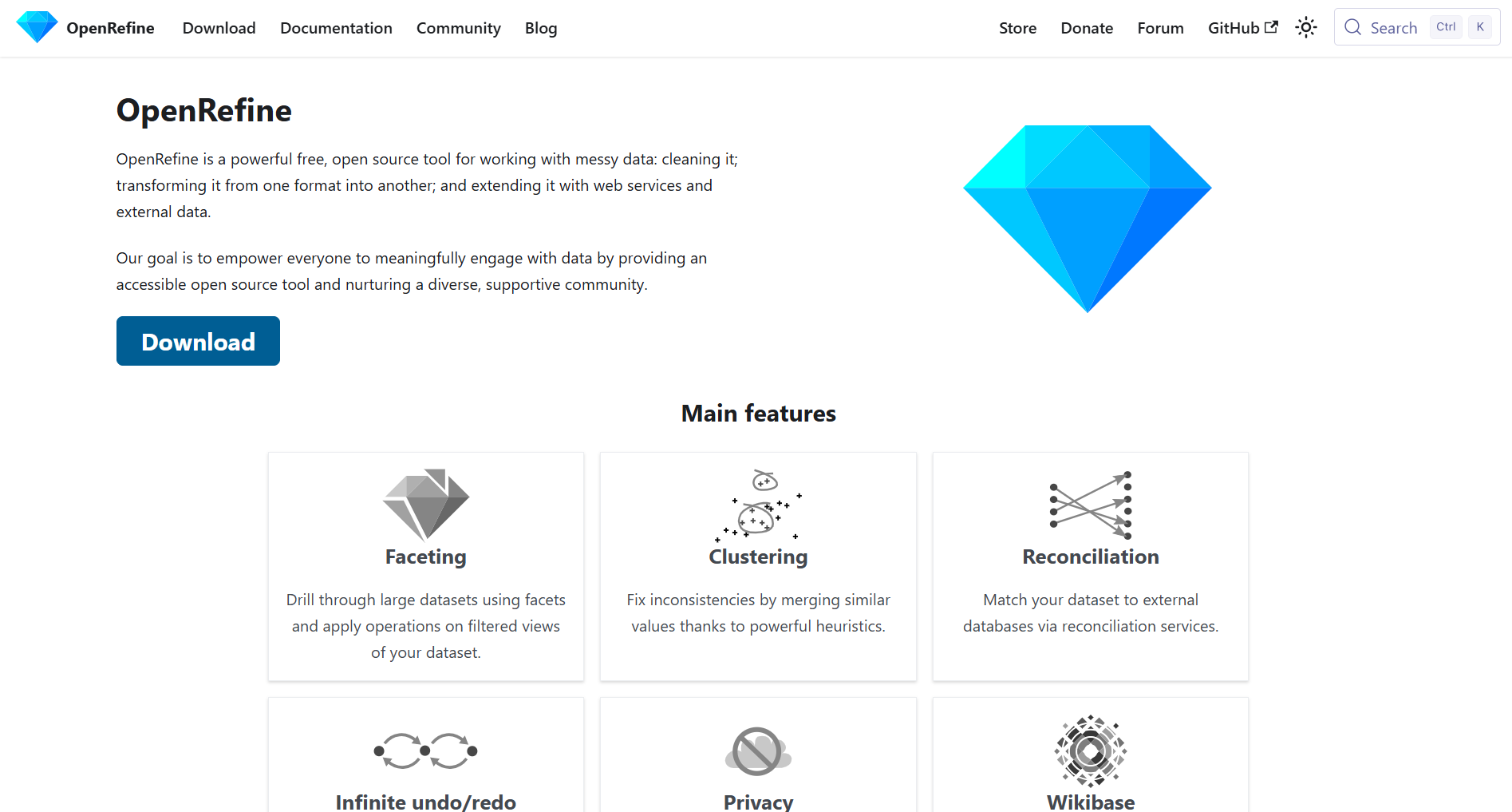 Screenshot of the OpenRefine homepage, a free data cleansing tool.