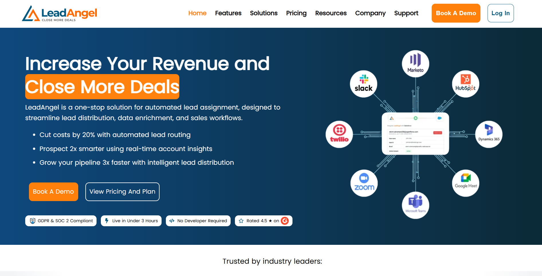 LeadAngel homepage screenshot showing lead routing and data quality features