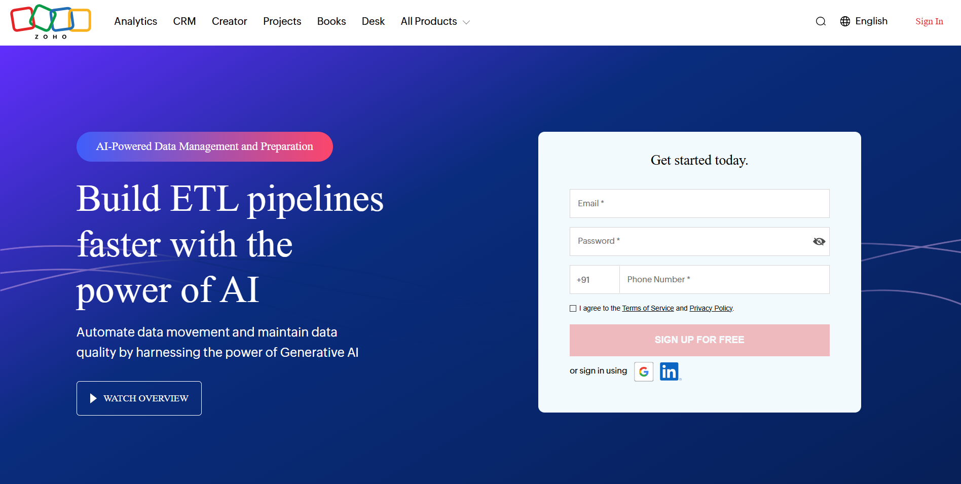 Screenshot of the Zoho DataPrep homepage.
