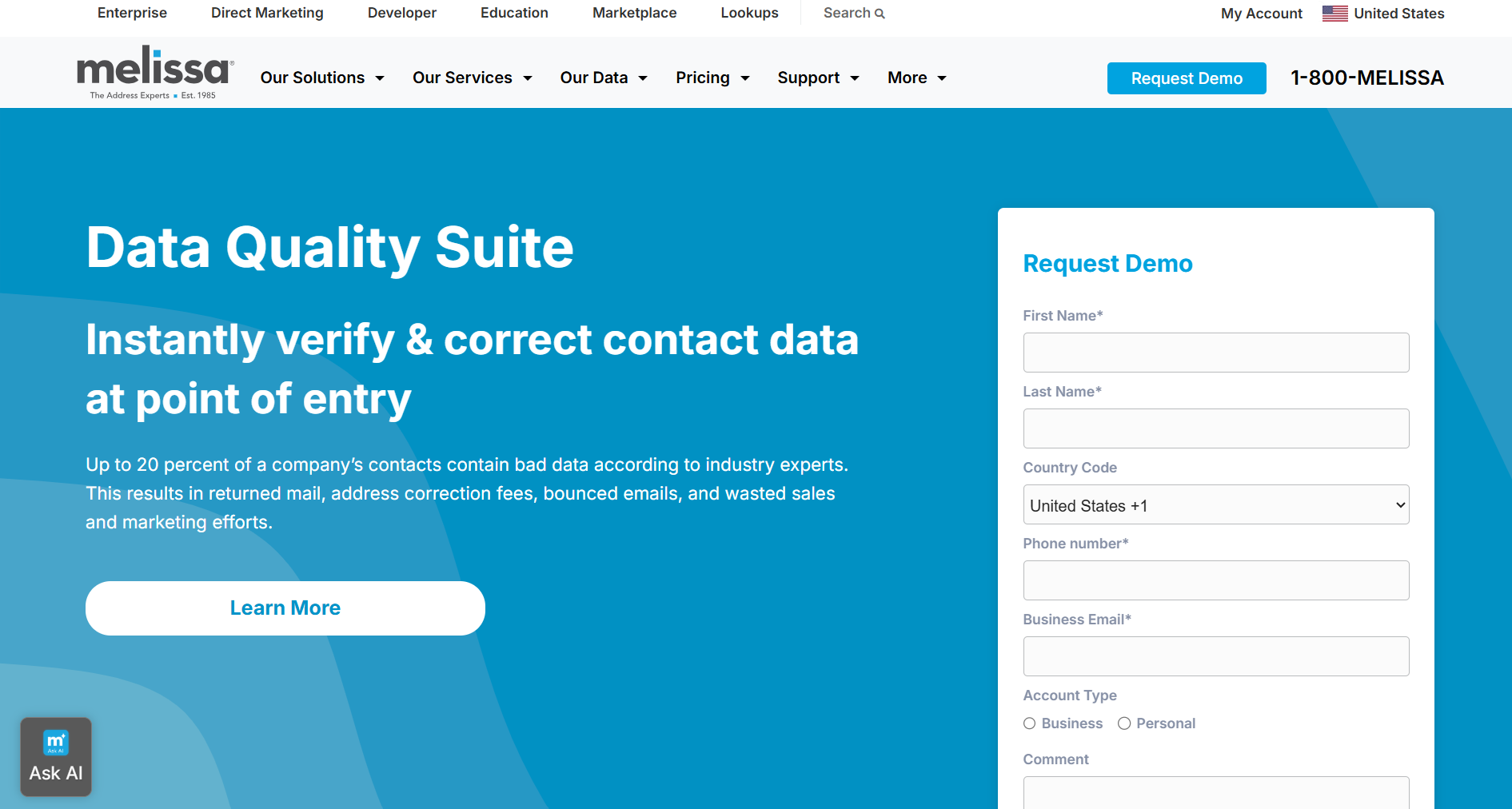 Screenshot of the Melissa Clean Suite homepage.