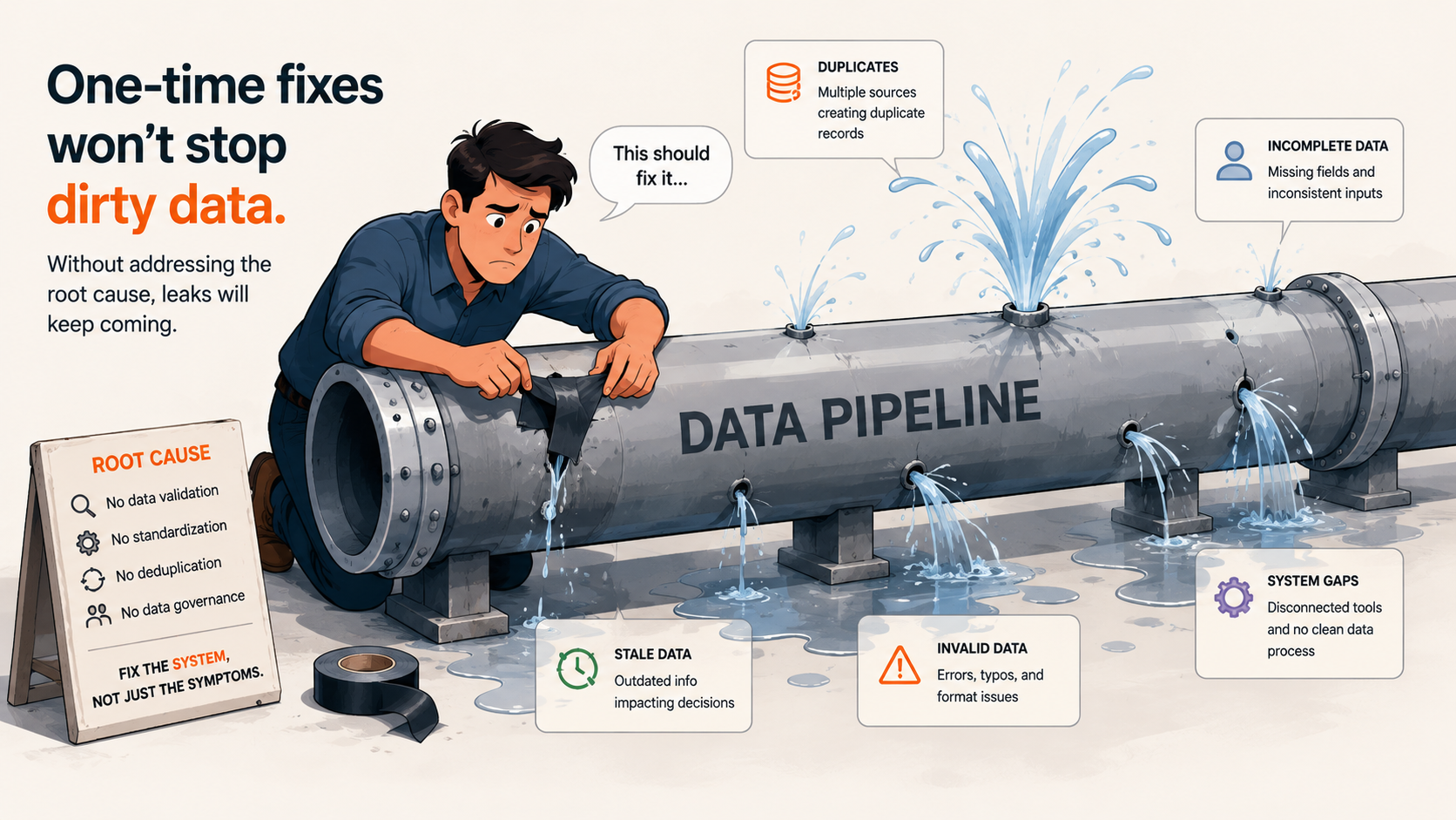 Illustration of person patching leaky data pipeline with tape while other leaks spray