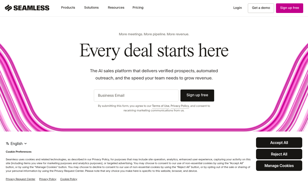 Seamless.AI homepage screenshot showing real-time B2B contact enrichment software