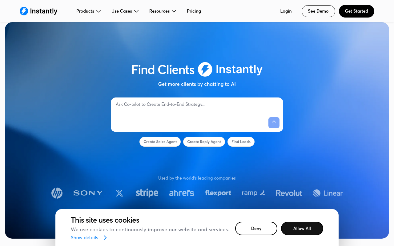 Instantly.ai homepage screenshot showing cold email and lead finder platform