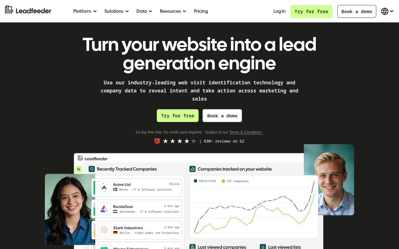 Leadfeeder homepage screenshot showing website visitor identification dashboard