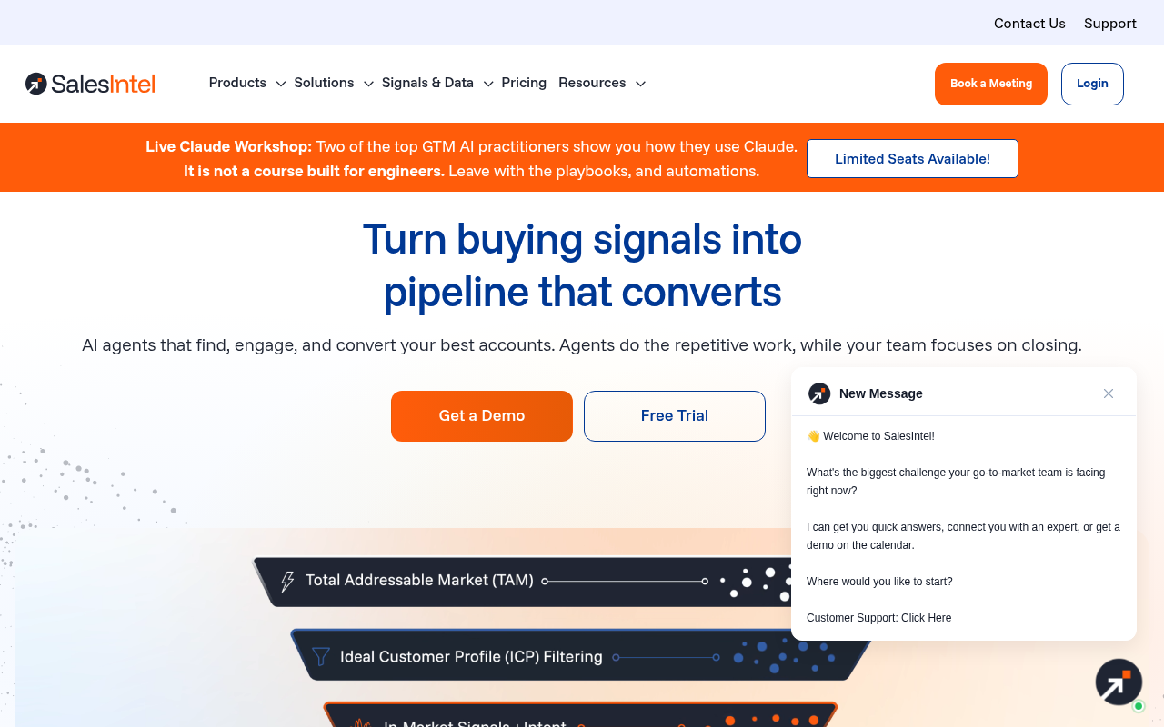 SalesIntel homepage screenshot showing B2B sales intelligence platform