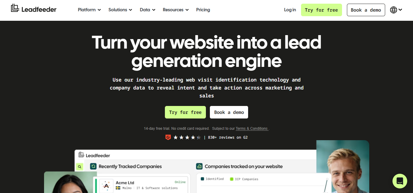 Leadfeeder by Dealfront homepage screenshot for AI lead generation