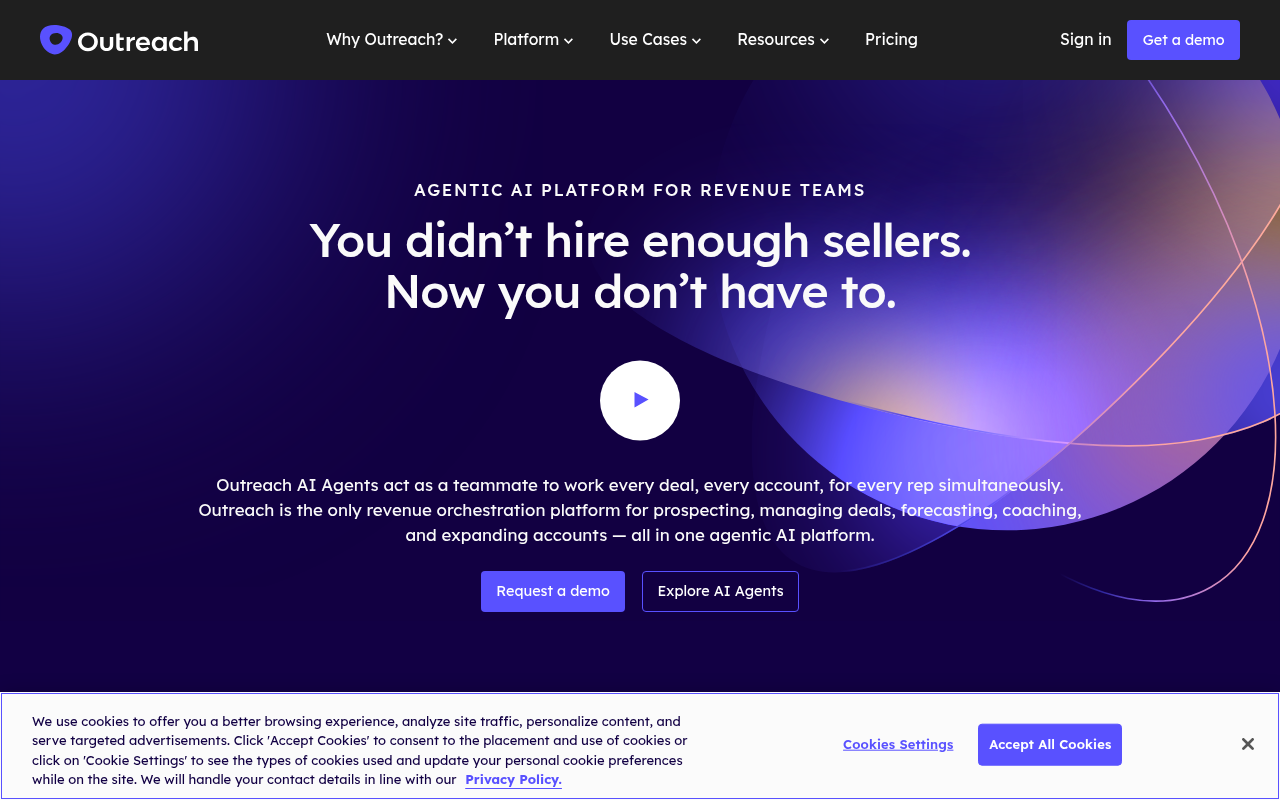 Outreach.io homepage showing sales execution and engagement platform