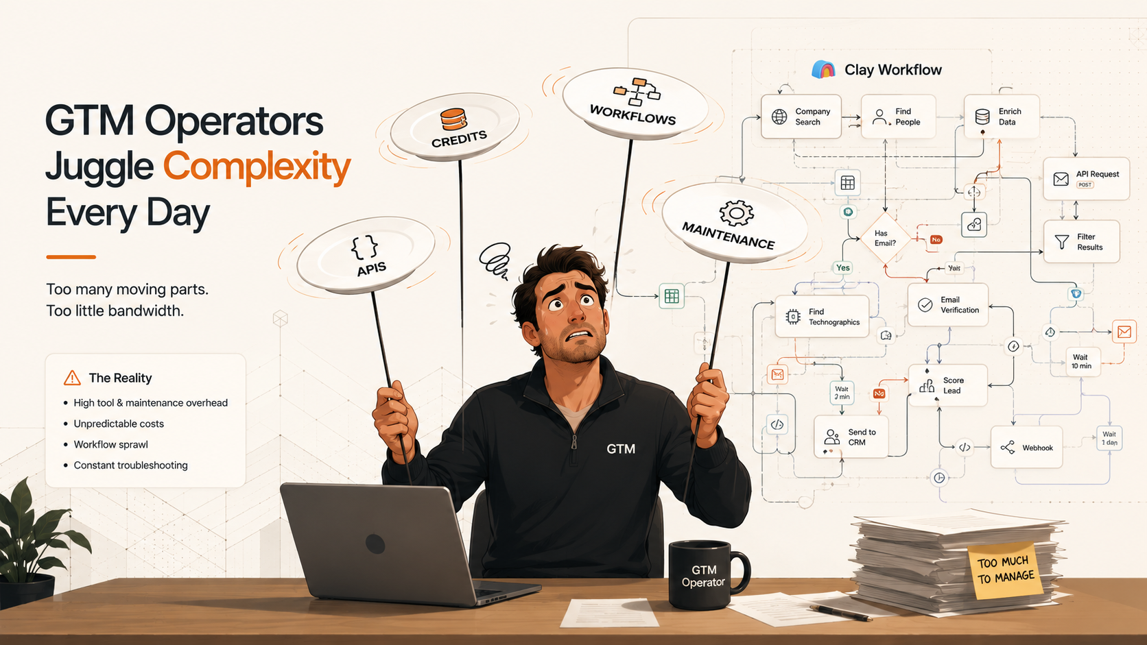 Illustration of GTM operator juggling Clay workflow complexity and credit costs