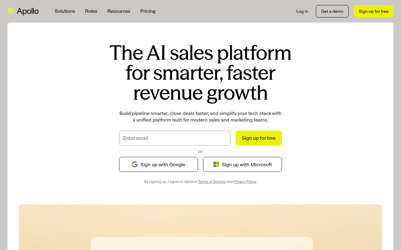 Apollo.io homepage screenshot showing B2B email finder platform