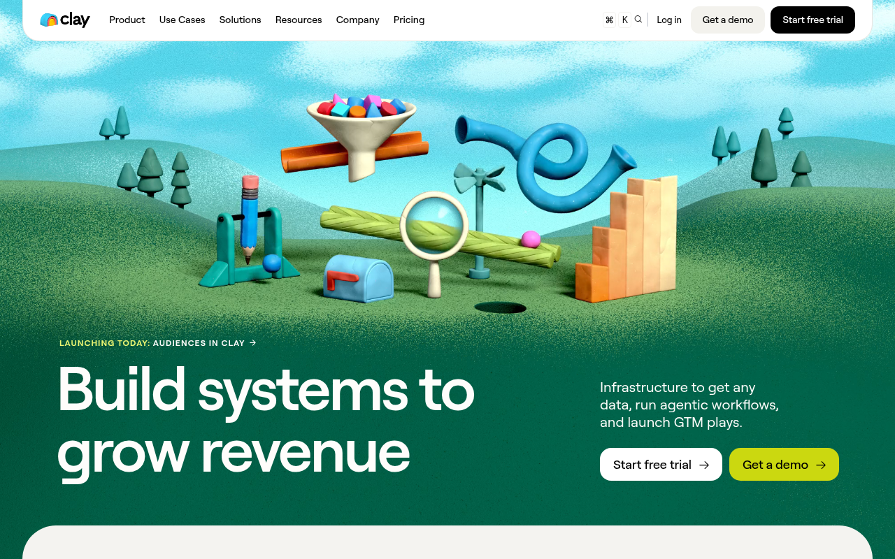 Clay homepage showing b2b email finder and workflow automation interface