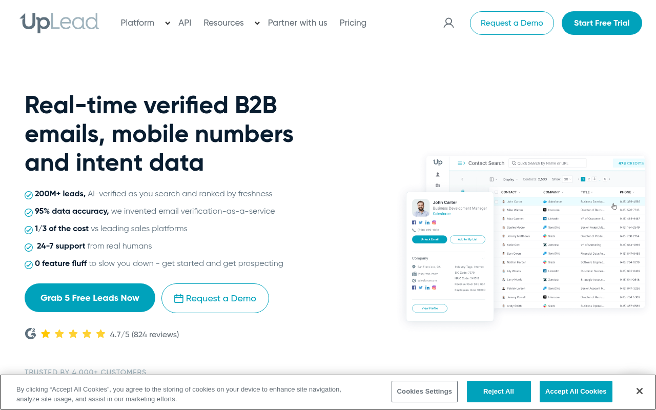 UpLead homepage screenshot showing B2B email finder and verification features