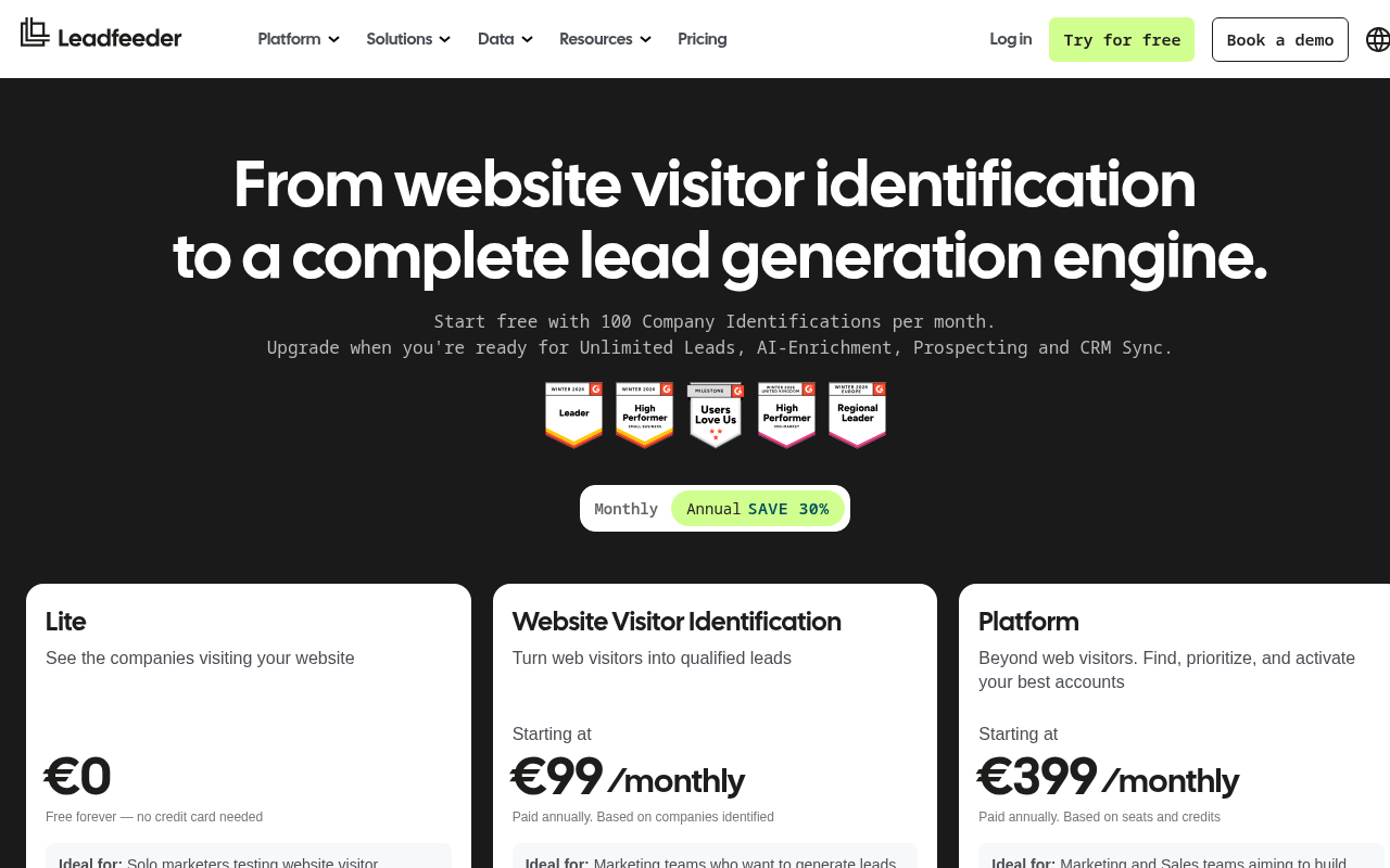 Leadfeeder homepage showing B2B website visitor identification tool by Dealfront