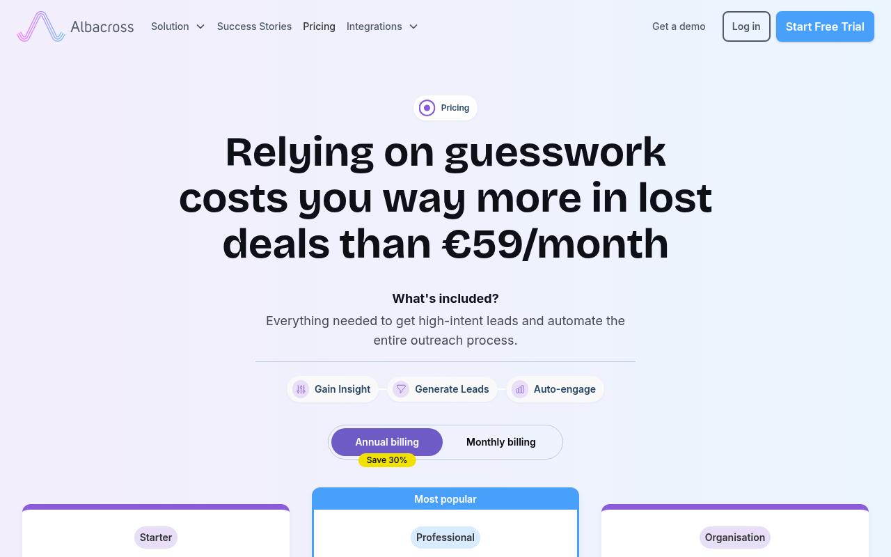 Albacross homepage screenshot showing visitor identification platform